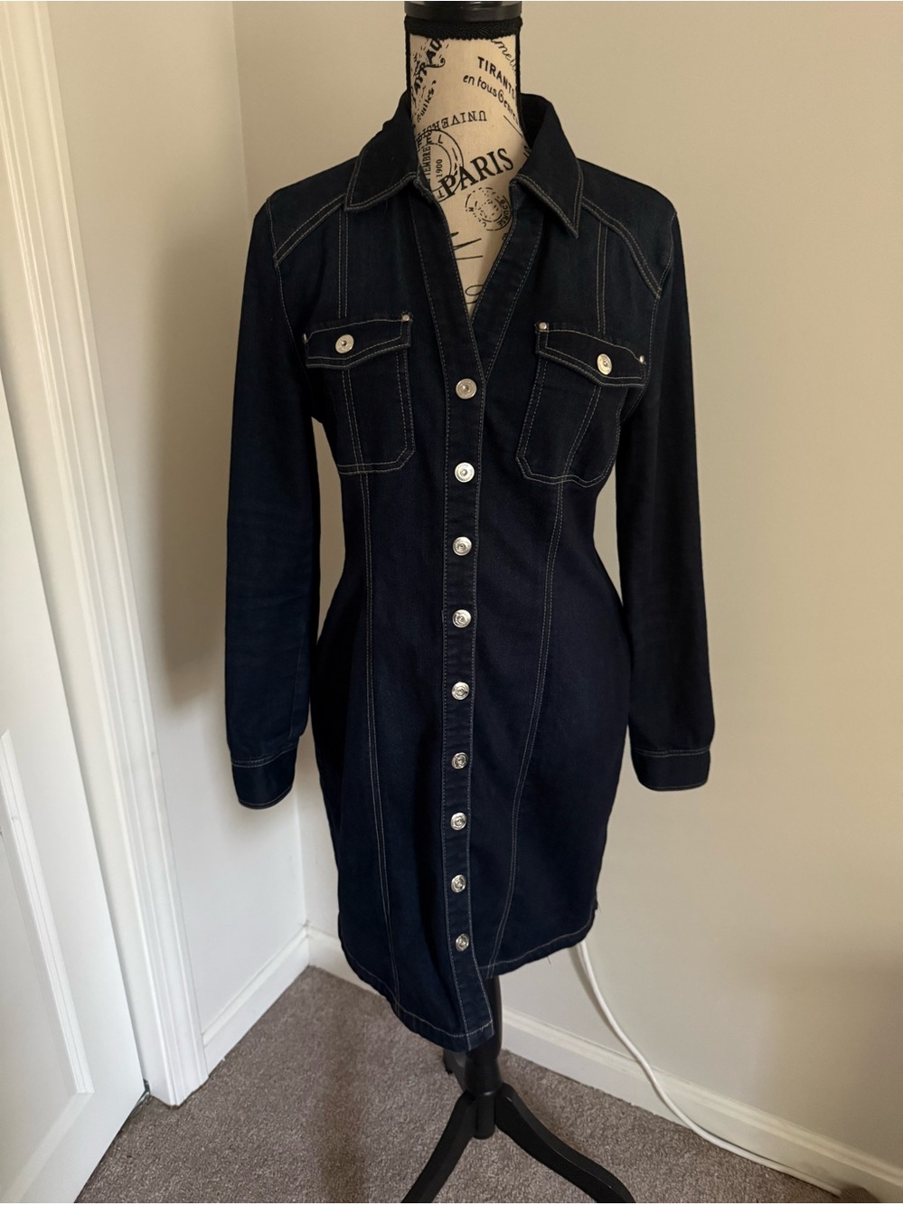 INC International Concepts Dark Navy Button-Front Denim Shirt Dress  size 8